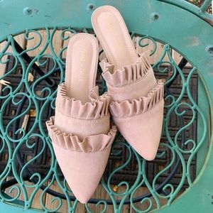 Suede tiered ruffle nude flat mule